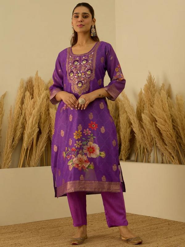 VP 9727 P Silk Blend Embroidered Straight Kurta Set with Trousers & Dupatta